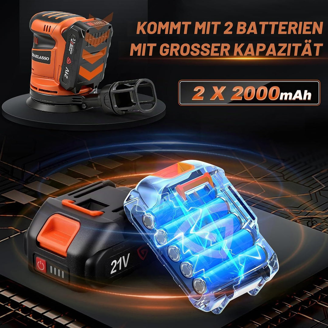Akku-Exzenterschleifer 125 mm 2x 20V Akku, Bürstenloser Exzenterschleifer mit 3 Stufen 8000–13000 U/