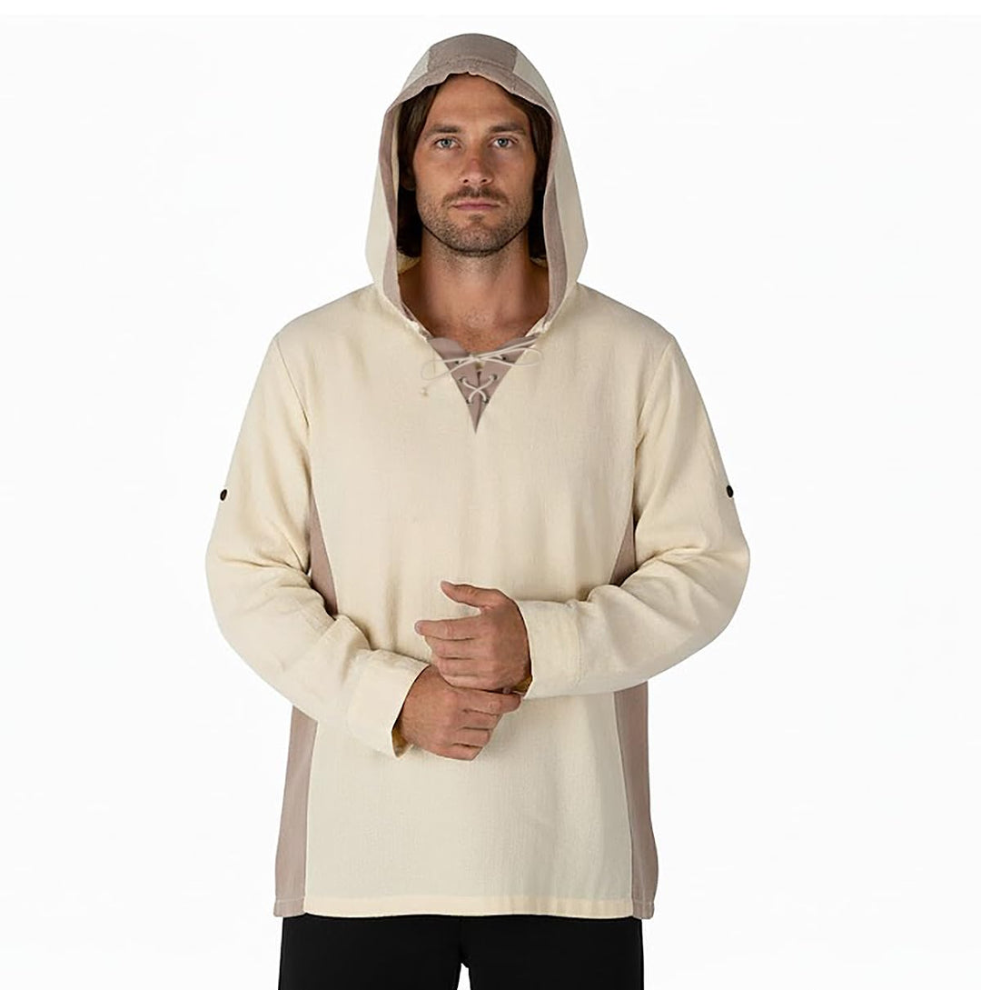 CoolChange Mittelalter Hemd mit Kapuze für LARP, Ritter oder Piraten Kostüm | Beige | Baumwolle | Gr