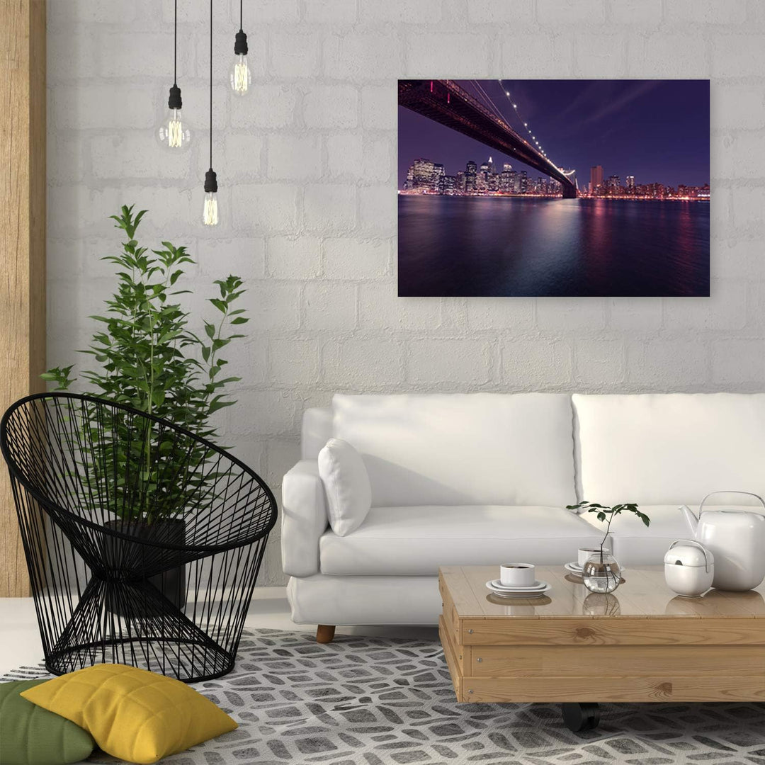 Feeby Bild auf Leinwand Brooklyn Bridge Kunstdruck Architektur Violett 80x60 cm Leinwandbild 80x60 c