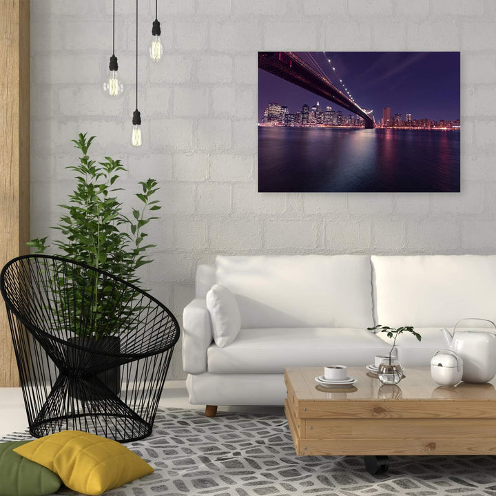 Feeby Bild auf Leinwand Brooklyn Bridge Kunstdruck Architektur Violett 80x60 cm Leinwandbild 80x60 c