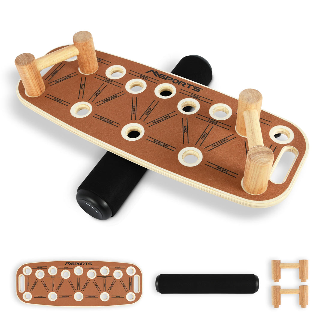 MSPORTS Push-Up Board Holz Premium mit Rolle – Multifunktionales Liegestützbrett für Core, Balance &