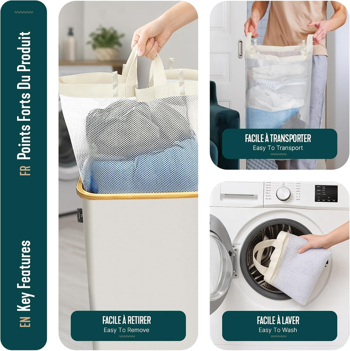 VOUNOT Wäschekorb mit Deckel 100L, Faltbarer Wäschesammler mit Herausnehmbar Wäschesäcke, Laundry Ba