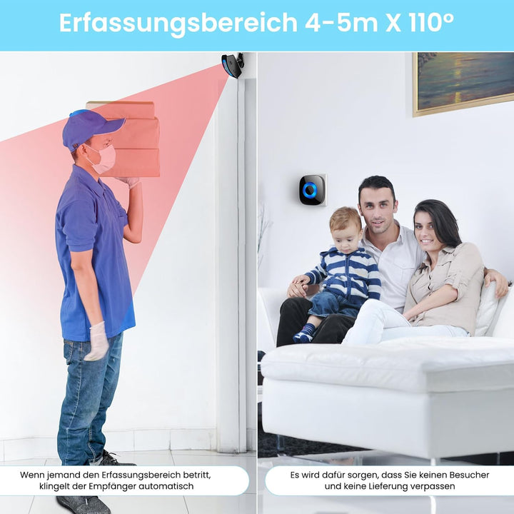 Bewegungsmelder mit Alarmdetektor,Kabellose Haussicherheits Alarmanlage, Reichweite bis 120-150M bei