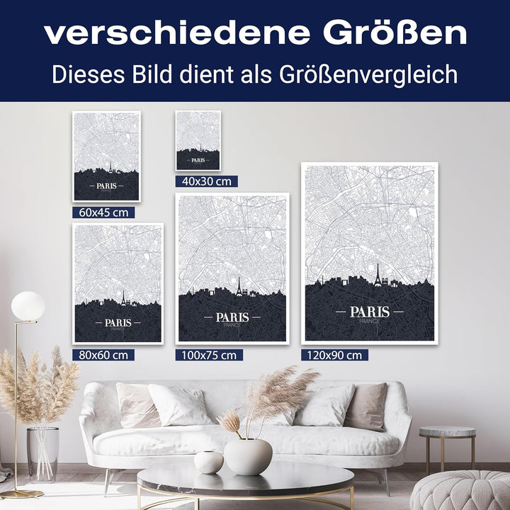 wandmotiv24 Stadt Karte als Leinwandbild, 100x75cm, Hochformat, Paris, Frankreich, Skyline, Silhouet
