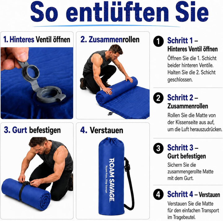 ROAM Savage Selbstaufblasende Camping-Isomatte, 7 cm Schlafmatte mit Kopfkissen, R-Wert 8,0 Isolieru