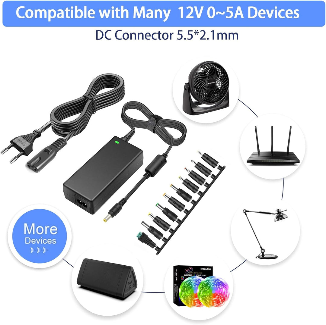 TKDY 12V 5A AC DC Adapter 60W Netzteil mit 5,5 x 2,1 mm und 11 PCS DC Anschluss, für LED Strip Light