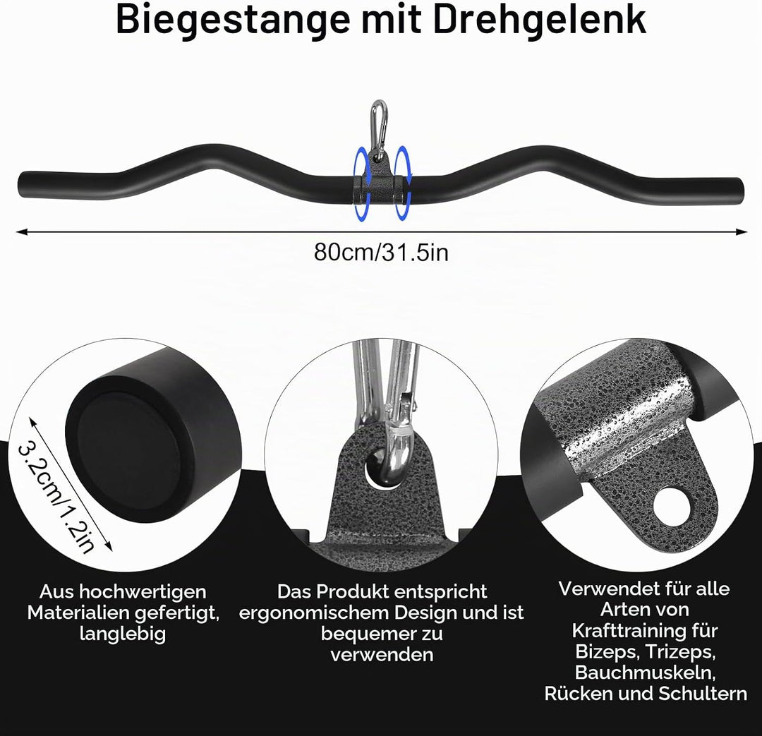 Latzugstange Kabelzug, Bizeps Stange 80 cm, Zugstange Krafttraining Schwarz, Latzug Stange Lang für