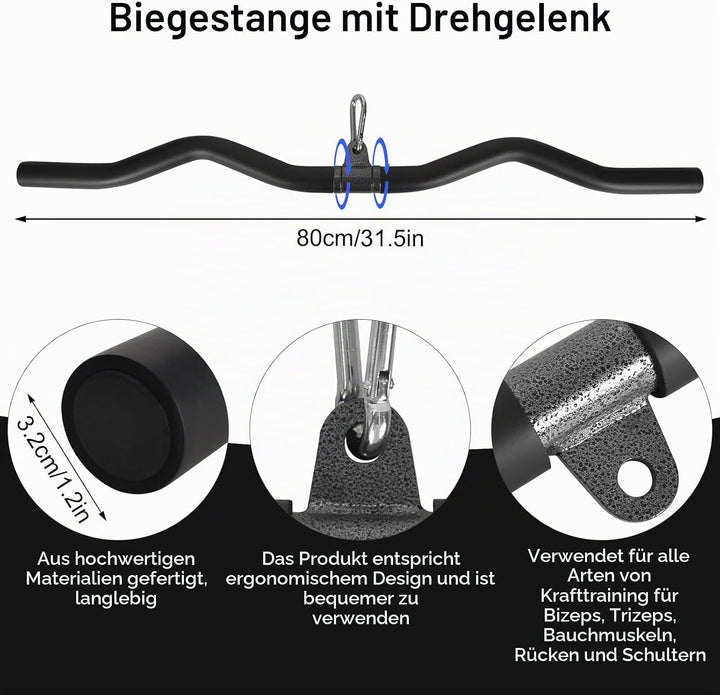 Latzugstange Kabelzug, Bizeps Stange 80 cm, Zugstange Krafttraining Schwarz, Latzug Stange Lang für
