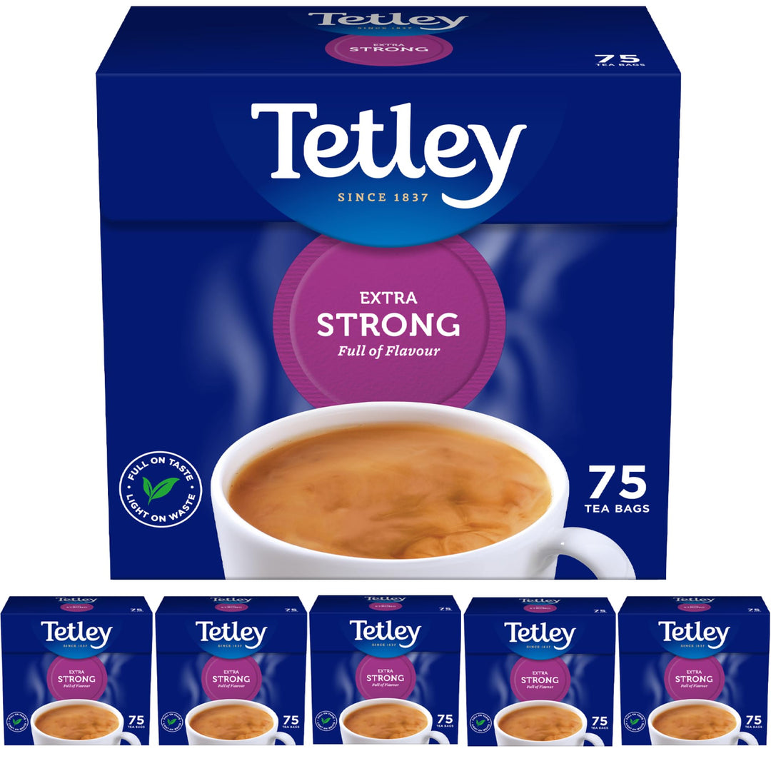Tetley Extra starker Tee, Schwarzer Tee, Packung mit 6 Schachteln, 450 Teebeutel