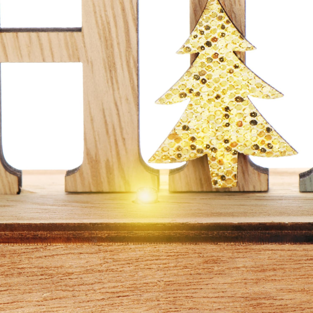 com-four® LED Deko Aufsteller aus Holz - beleuchteter Schriftzug auf Holzsockel - Deko-Schriftzug zu