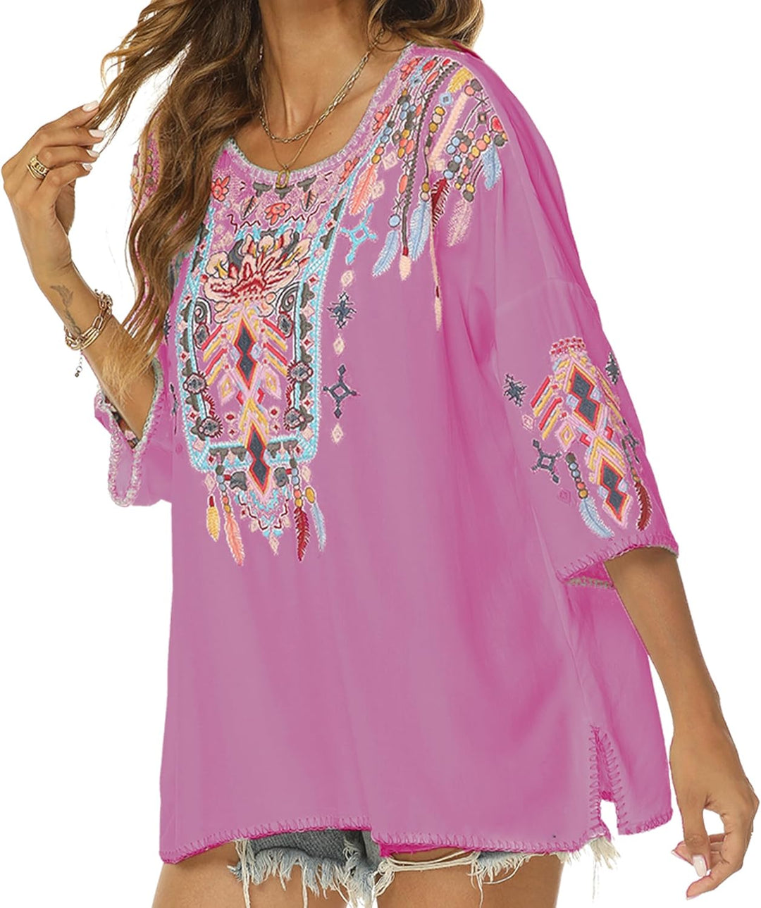 Vakakado Boho Stickerei Bluse Hippie Kleidung Damen 70er 80er Jahre Bekleidung Bohemian Folklore Bes