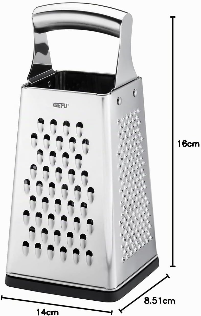 GEFU Vierkantreibe GRATO aus Edelstahl mit Auffangdeckel – 4-in-1 Multireibe für Scheiben, grob & fe