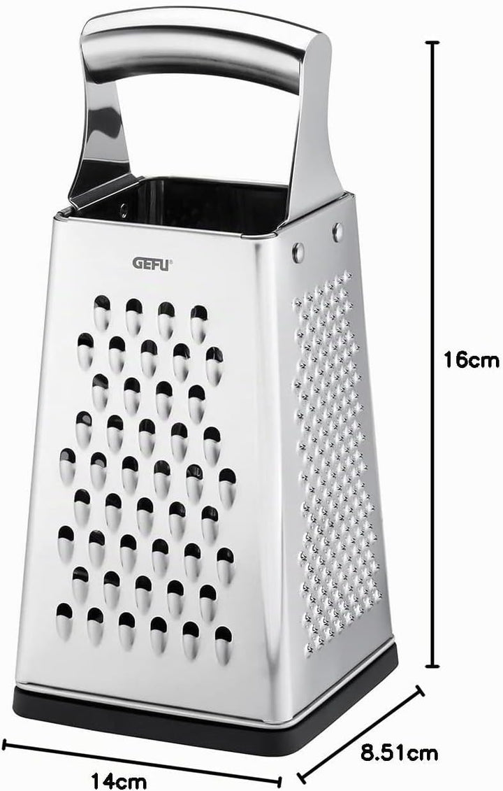 GEFU Vierkantreibe GRATO aus Edelstahl mit Auffangdeckel – 4-in-1 Multireibe für Scheiben, grob & fe