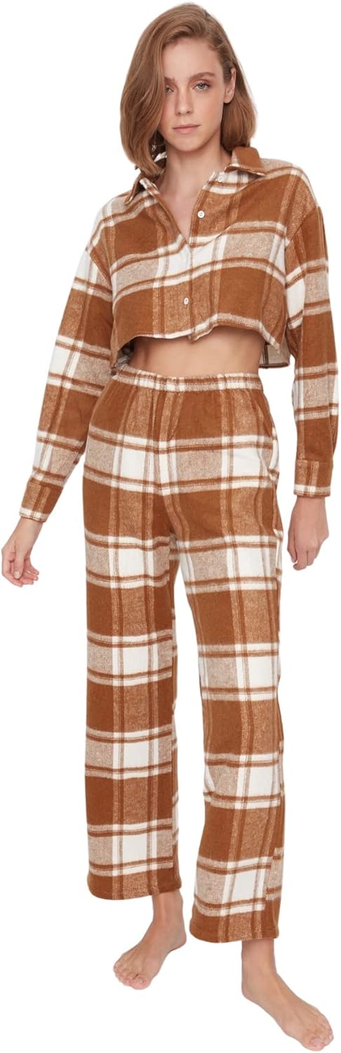 TRENDYOL Damen Kariert Mitte Webstoff Hemd-Hose Pyjama Pajama Set (2er Pack) 38 Cinnamon, 38 Cinnamo