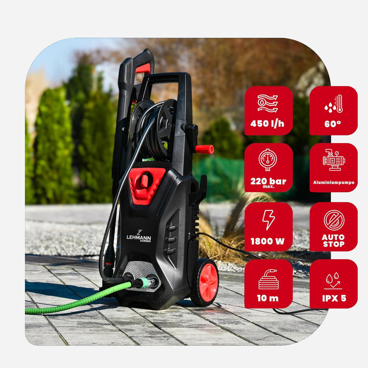 Hochdruckreiniger mit Aluminiumpumpe 220 bar | 450 l/h Fördermenge | 1800 W Leistung | 5m Hochdrucks