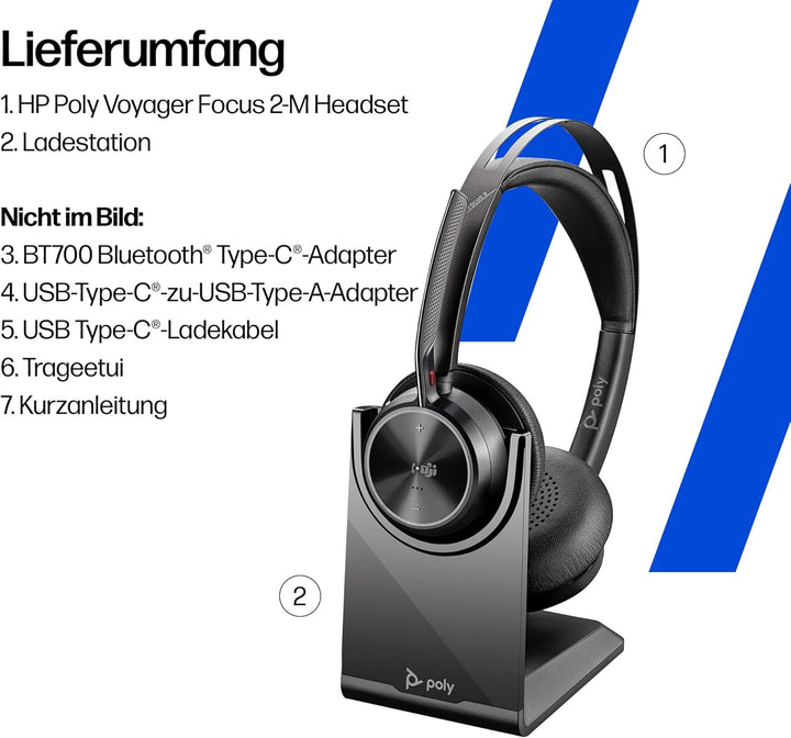 POLY Voyager Focus 2 USB-C Headset für Microsoft Teams, mit USB-C/A Adapter und Ladestation – Blueto