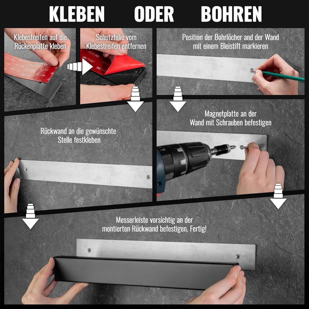 Poppstar Edelstahl Messer Magnetleiste 40cm mit extra starkem Magnet, schwarz, selbstklebend, Schwar