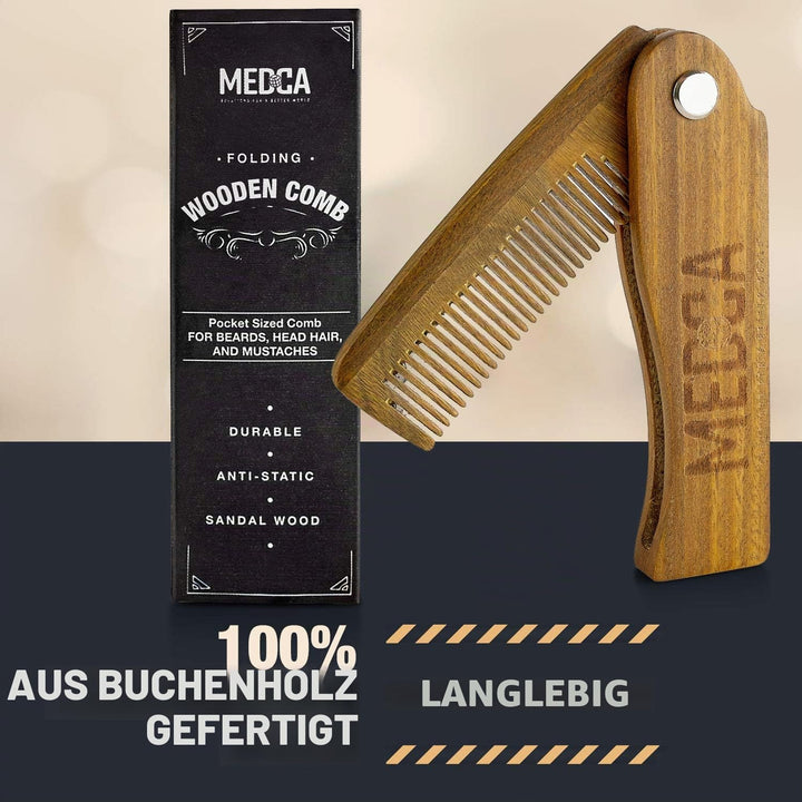 Faltbarer Holzkamm – 100% massives Buchenholz – feine Zähne im Taschenformat für Bart, Schnurrbart,