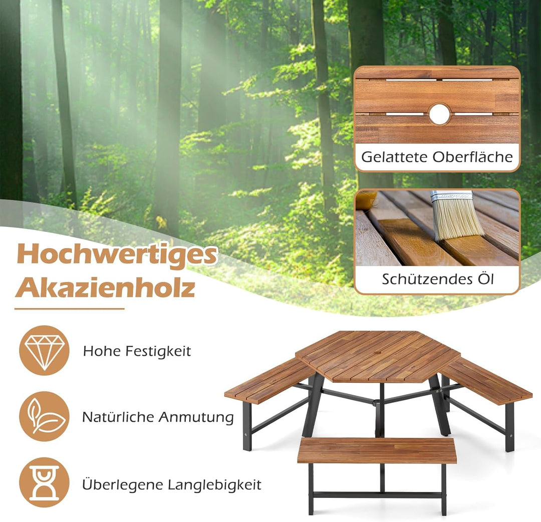 COSTWAY Picknicktisch Set für 6 Personen, Gartentisch aus Akazienholz mit Schirmloch & 3 Bänken, Ter