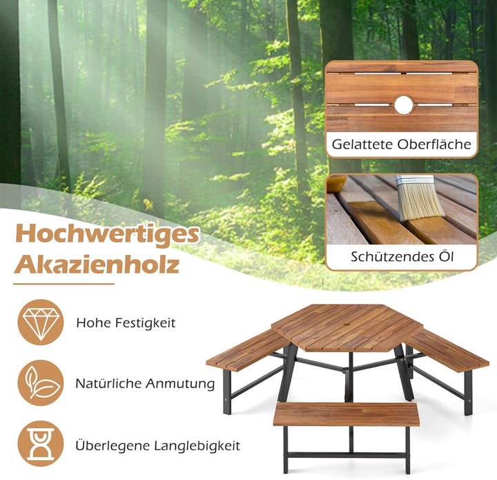 COSTWAY Picknicktisch Set für 6 Personen, Gartentisch aus Akazienholz mit Schirmloch & 3 Bänken, Ter