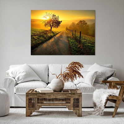 Bilder auf Leinwand 100x70cm Leinwandbild mit Rahmen Feld Strasse Baum Gross Wanddeko Bild Schlafzim