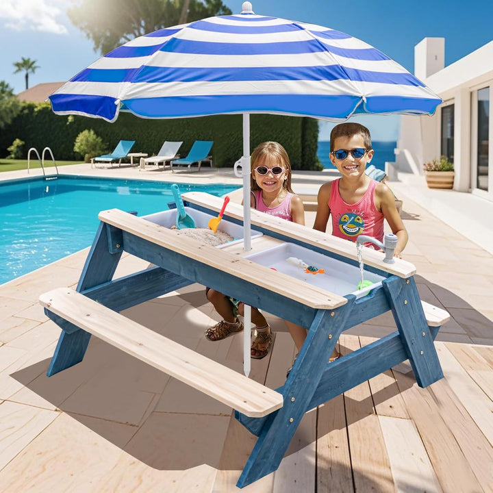 Kids 3-in-1 Sand- und Wasser-Aktivitätstisch, Holz, Outdoor, wandelbarer Picknicktisch mit Regenschi
