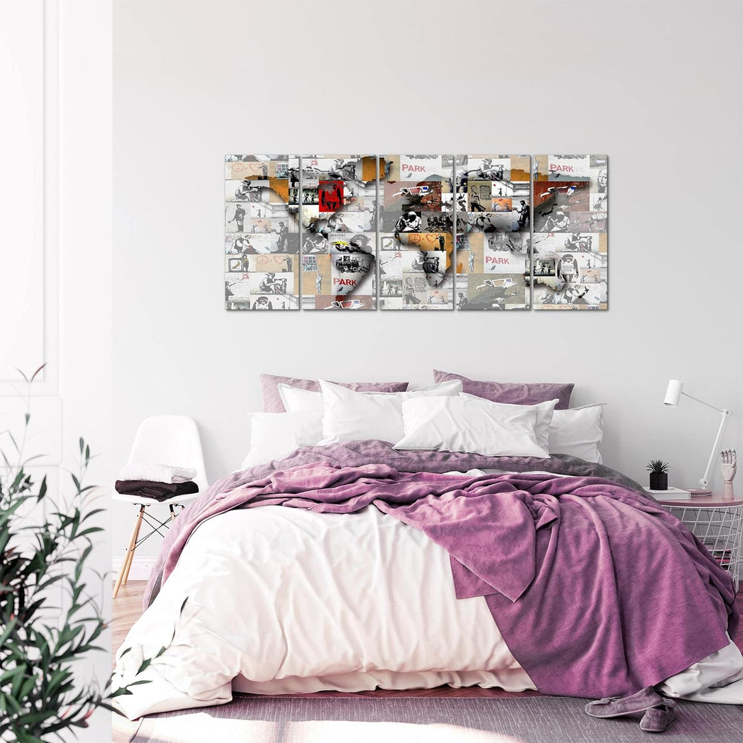 Runa Art Wandbild XXL Weltkarte Banksy Collage Loft Wohnzimmer 200 x 80 cm Bunt 5 Teilig - Made in G