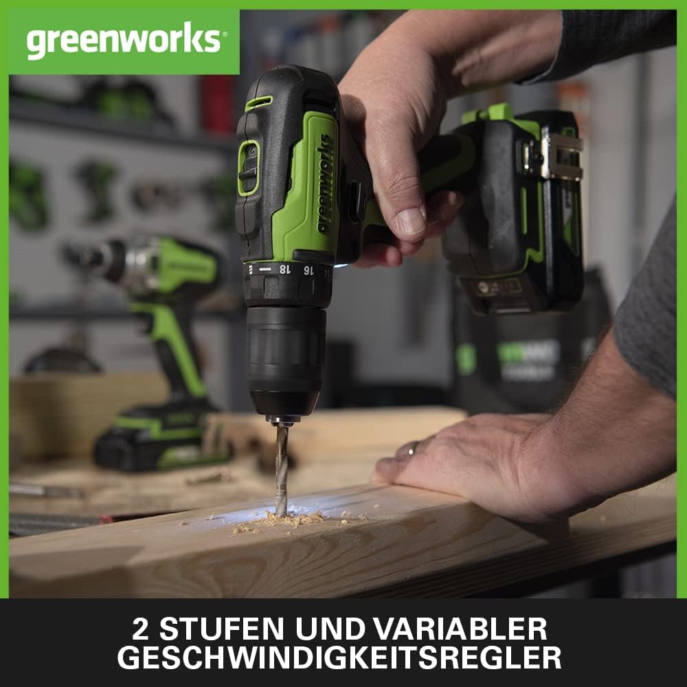 Greenworks GD24DD35 Akku Bohrschrauber mit bürstenlosem Motor, 0-1450 U/min, 2 Stufen, 35 Nm Drehmom