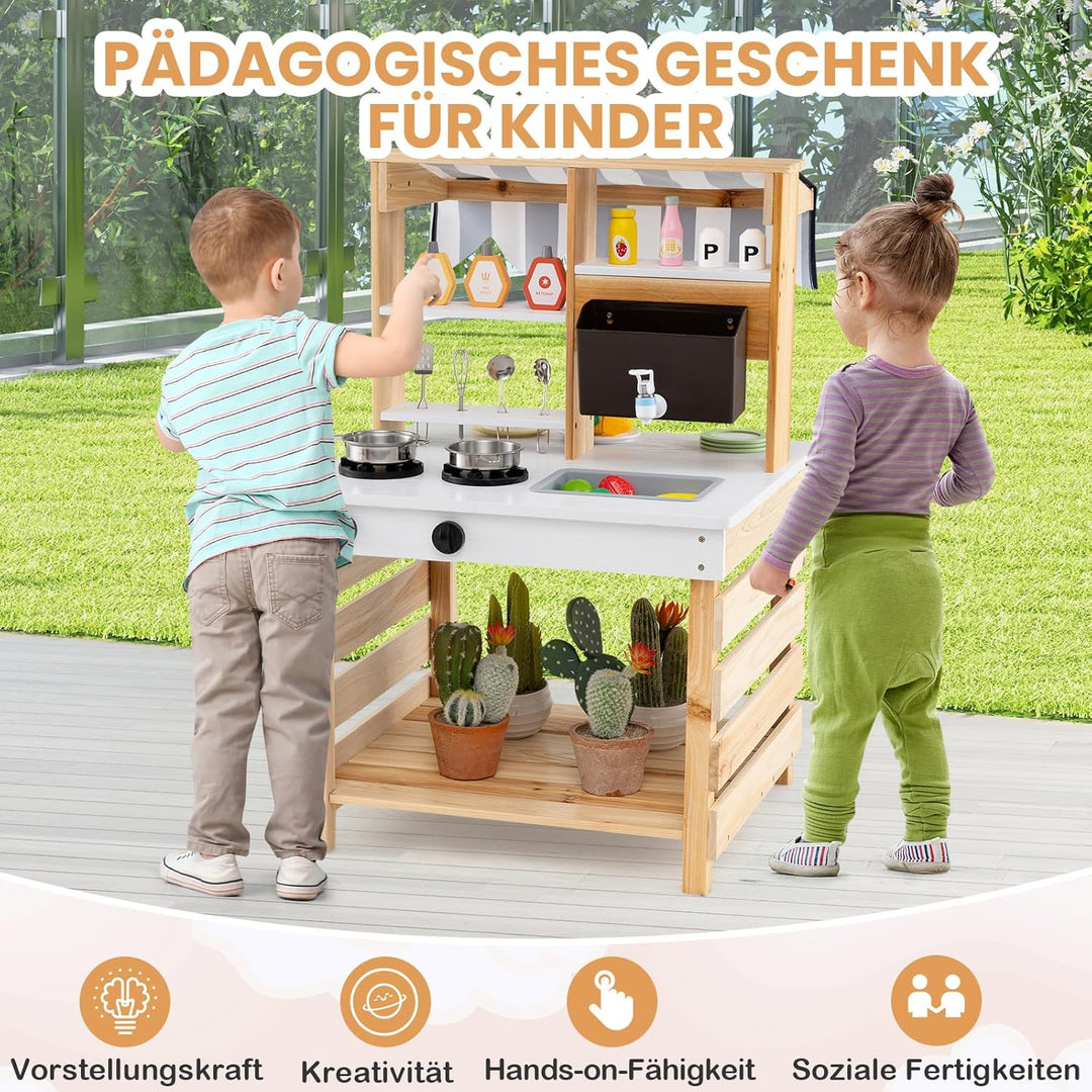COSTWAY Matschküche Kinder Outdoor, Kinderküche Tannenholz mit Wasserfunktion, Doppelseitige Spielkü
