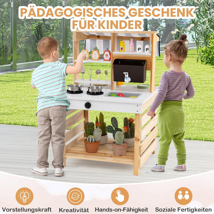 COSTWAY Matschküche Kinder Outdoor, Kinderküche Tannenholz mit Wasserfunktion, Doppelseitige Spielkü
