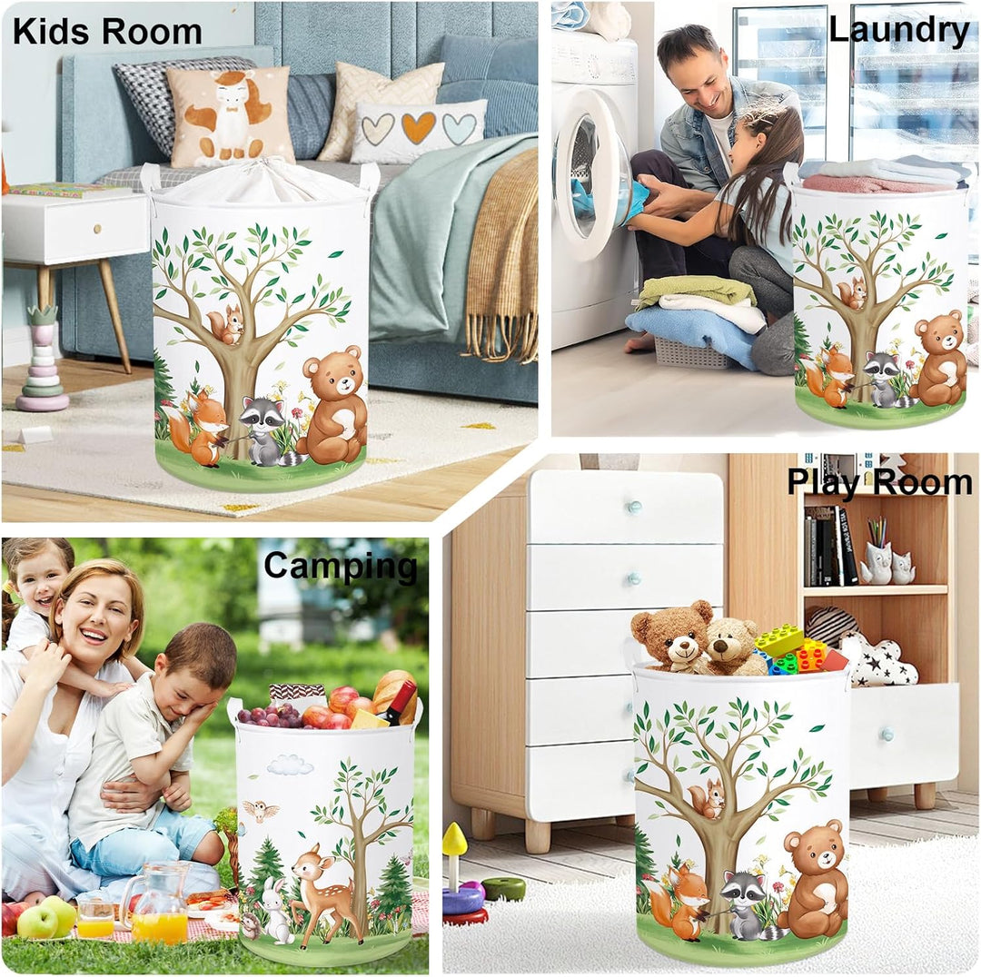 HUUMONSS Süsses Waldtier Gross Wäschekorb Baum Laub Stoff Aufbewahrungskorb Kleidung Spielzeug Aufbe