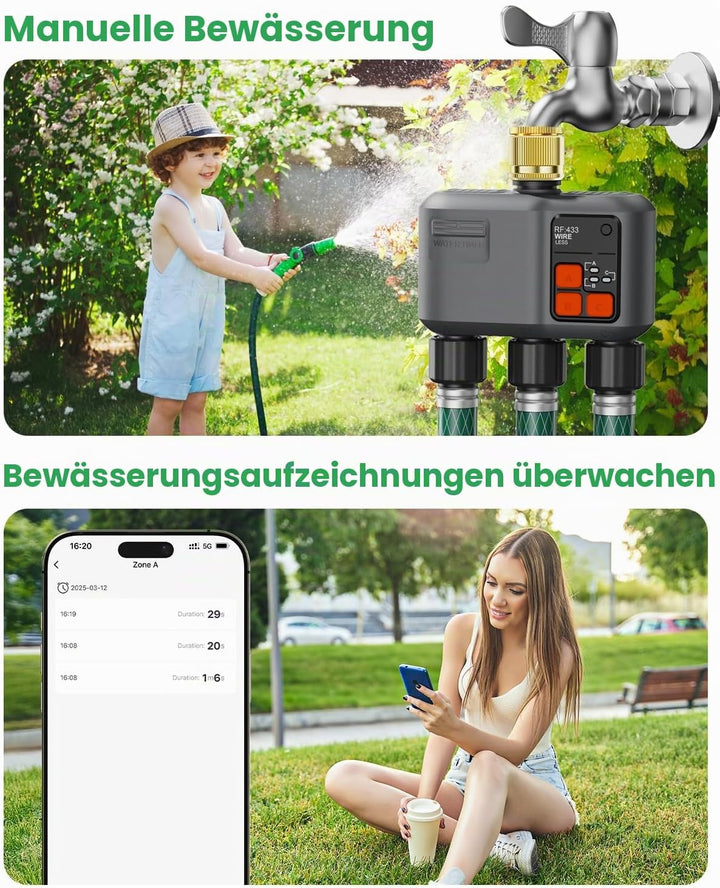 Bewässerungscomputer WLAN 3 Ausgänge mit Messingeinlass/300M RF-Technologie, Bewässerungsuhr für Gar