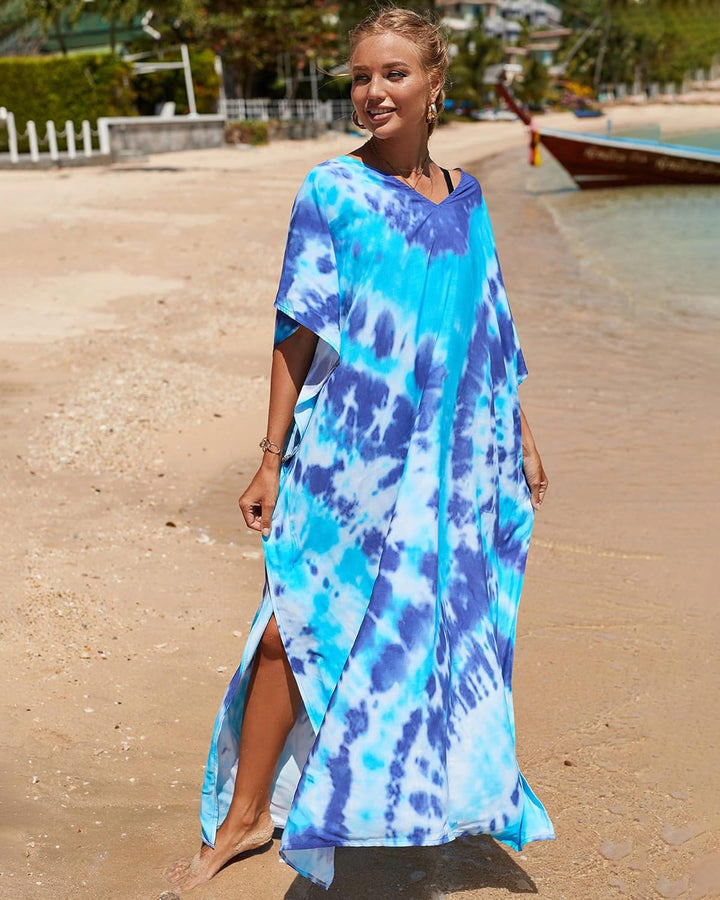 Bsubseach Lose Kaftan Kleider für Frauen Kurzarm Badeanzug Cover Up Casual Urlaub Outfits Blau Tie D