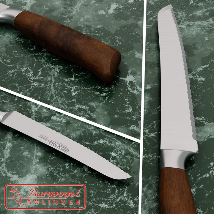 Burgvogel Solingen Juglans Line scharfes Brotmesser Walnussholz geschmiedet 22 cm, Wellenschliff, ro