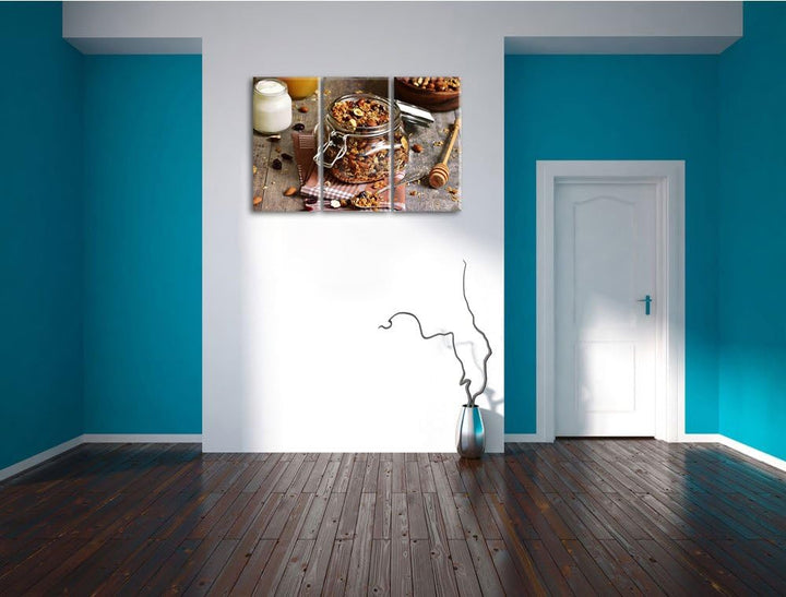 Honig Müsli im Glas als 3-Teiler Leinwandbild 120x80 Bild auf Leinwand, XXL riesige Bilder fertig ge