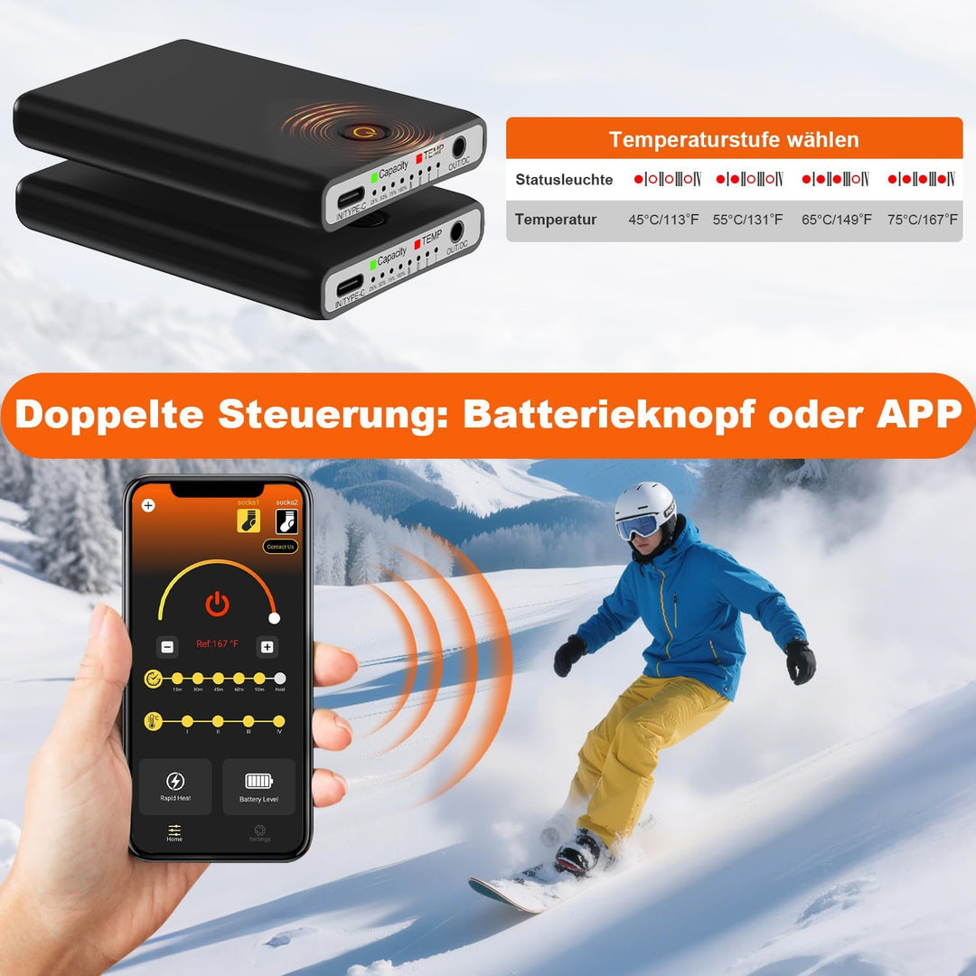 Beheizbare Socken Beheizte Socken,Heizsocken Skisocken 8000 mAh Wiederaufladbare Warme Socken Fusswä
