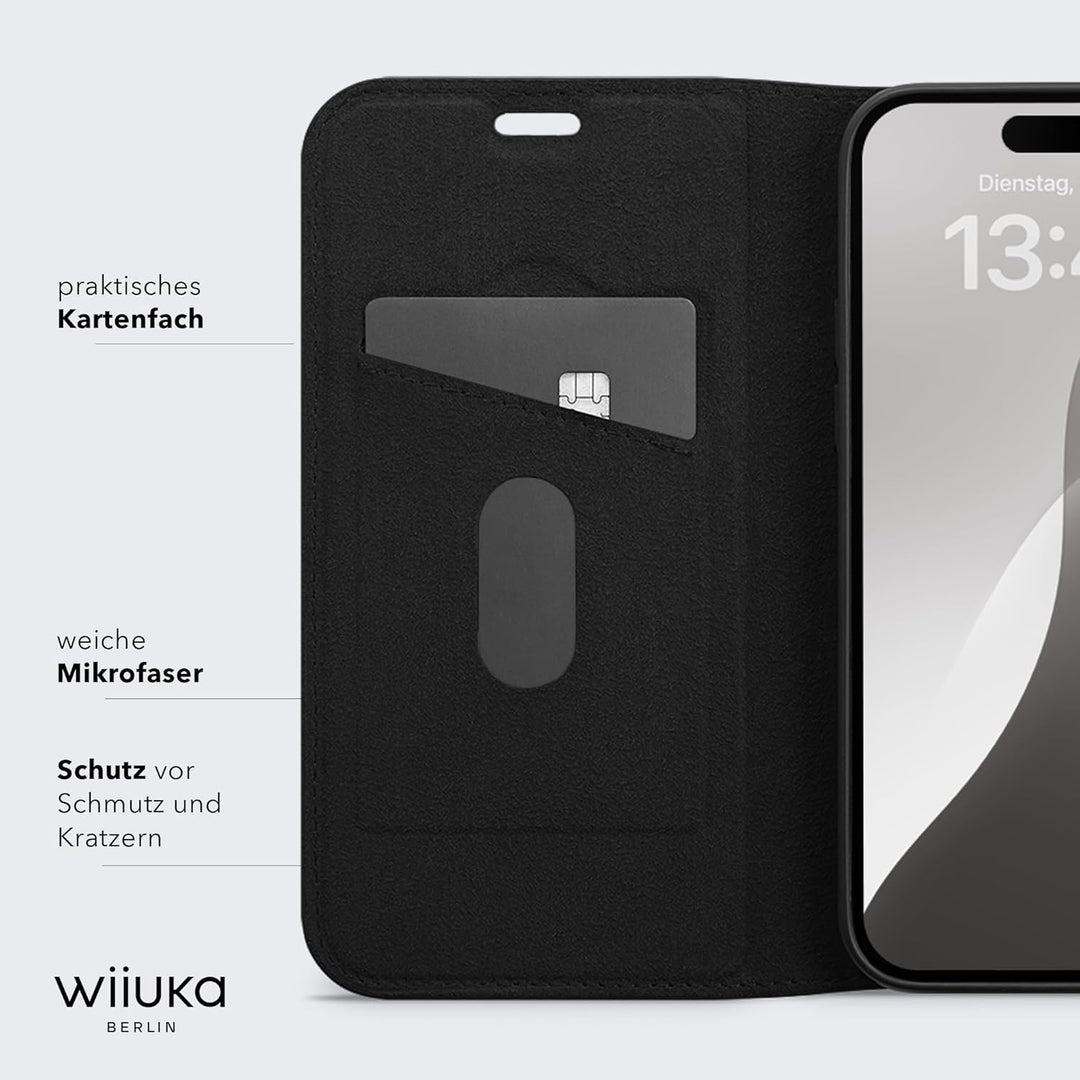 WIIUKA Hülle für iPhone 15 Pro, Leder aus Deutschland, mit Kartenfach, extra Dünn, Handyhülle mit St