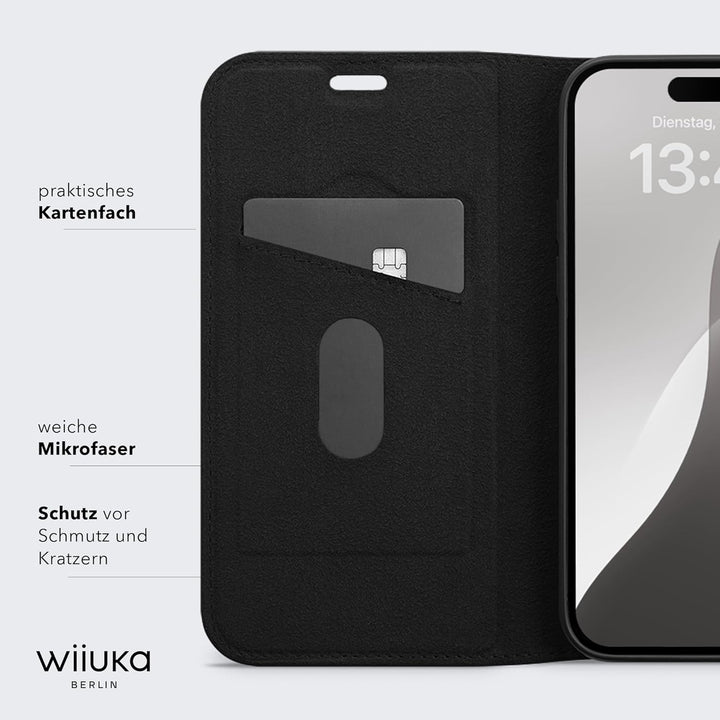 WIIUKA Hülle für iPhone 15 Pro, Leder aus Deutschland, mit Kartenfach, extra Dünn, Handyhülle mit St