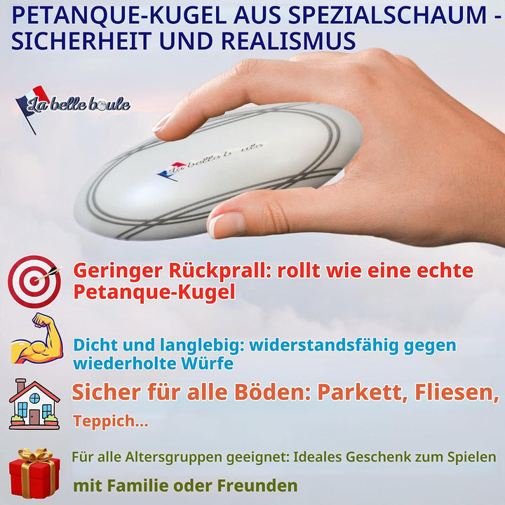 La belle boule Boccia-Kugel aus Schaumstoff – Innen &amp; Aussen – Set mit 6 Kugeln + rote Zielkugel + A