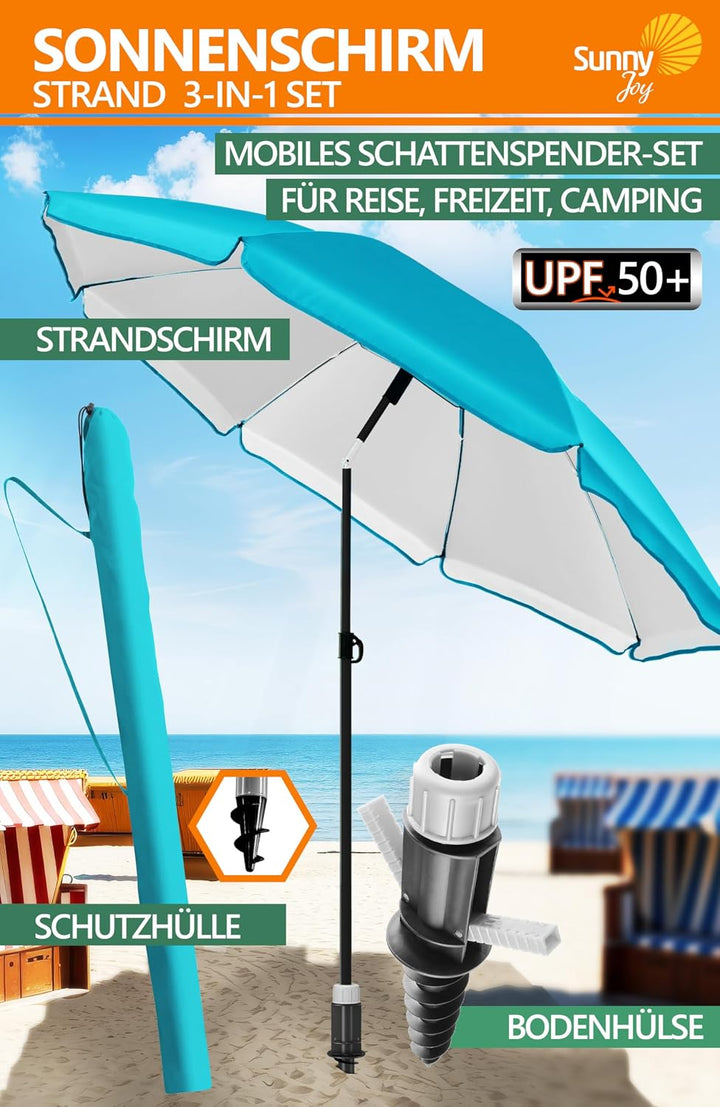 4smile Sonnenschirm Strand SunnyJoy 3-IN-1-SET, Fb. Türkis - Strandschirm Ø 200 cm + Bodenhülse + Sc