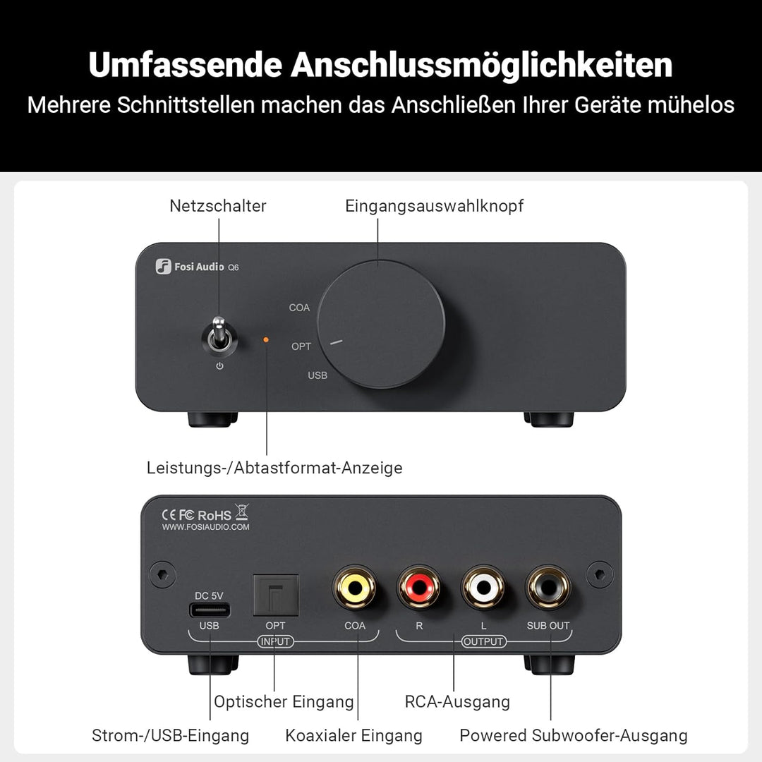 Fosi Audio Q6 Mini-Desktop-DAC, USB C Digital-Analog-Audio-Wandler für Heim-Stereo-Verstärker und Ko