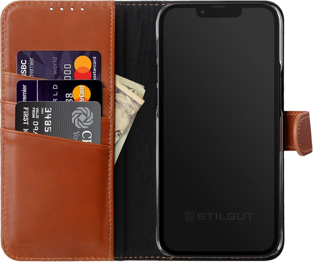 STILGUT Talis kompatibel mit iPhone 14 Plus (6.7") Hülle mit Kartenfach aus Leder, Flip Cover, Handy