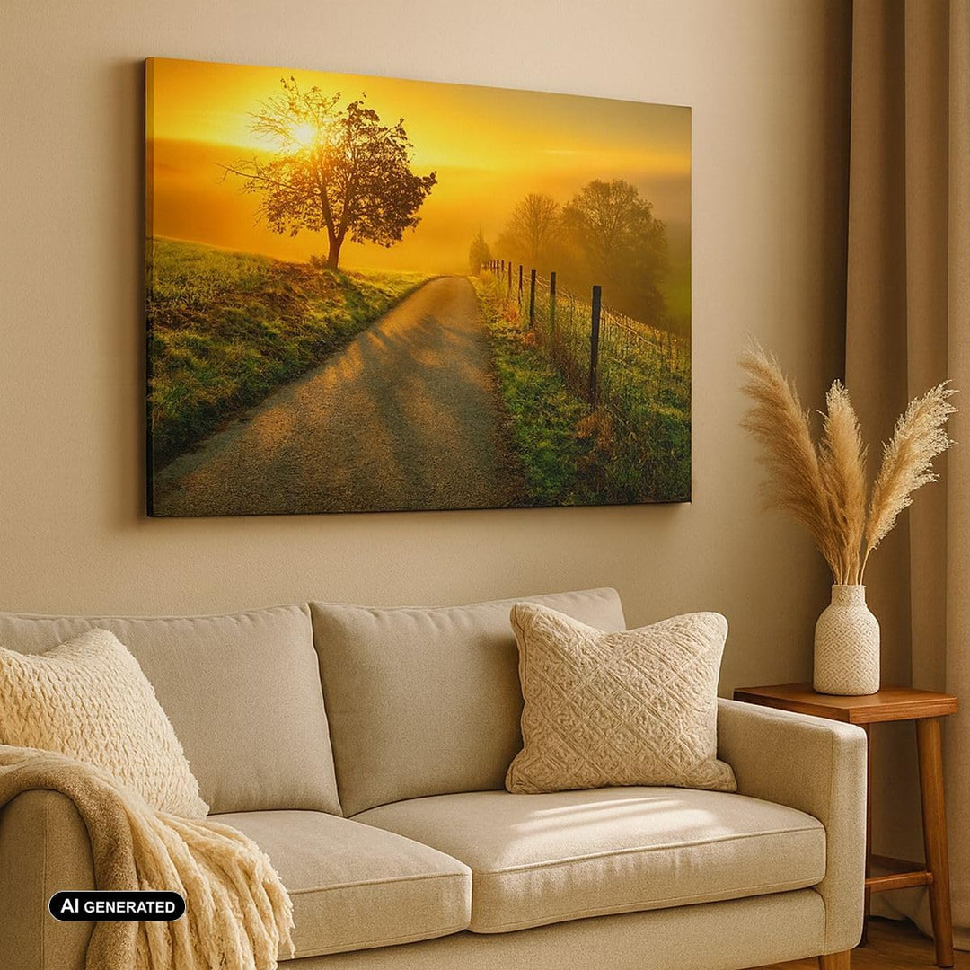 Bilder auf Leinwand 100x70cm Leinwandbild mit Rahmen Feld Strasse Baum Gross Wanddeko Bild Schlafzim