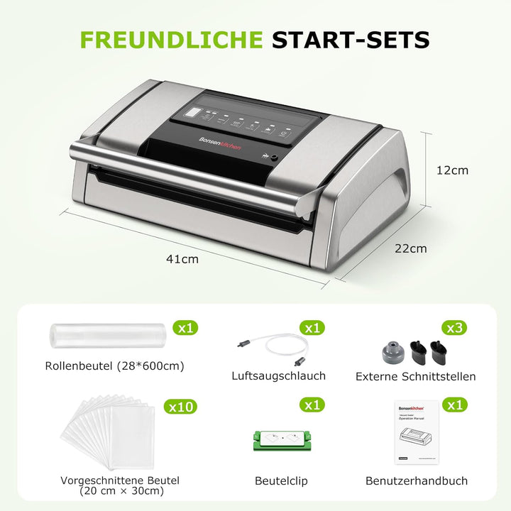 Bonsenkitchen Vakuumiergerät 15 L/min, Vakuumierer mit Beutelclip, Griffverriegelung und Integrierte