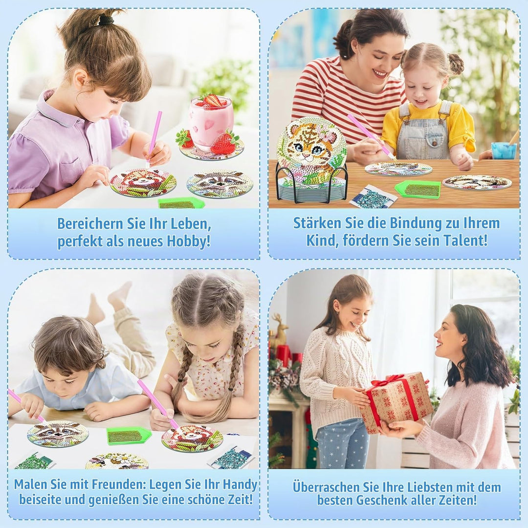 8 STK Diamond Painting Untersetzer Tier mit Halter, Diamant Bilder für Tiere, Tassenuntersetzer mit