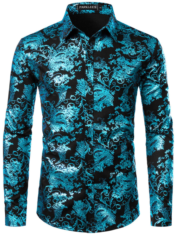 PARKLEES Herren Luxus Paisley Gemustert Golden Glänzend Slim Fit Freizeithemd L Schwarz Türkis, L Sc