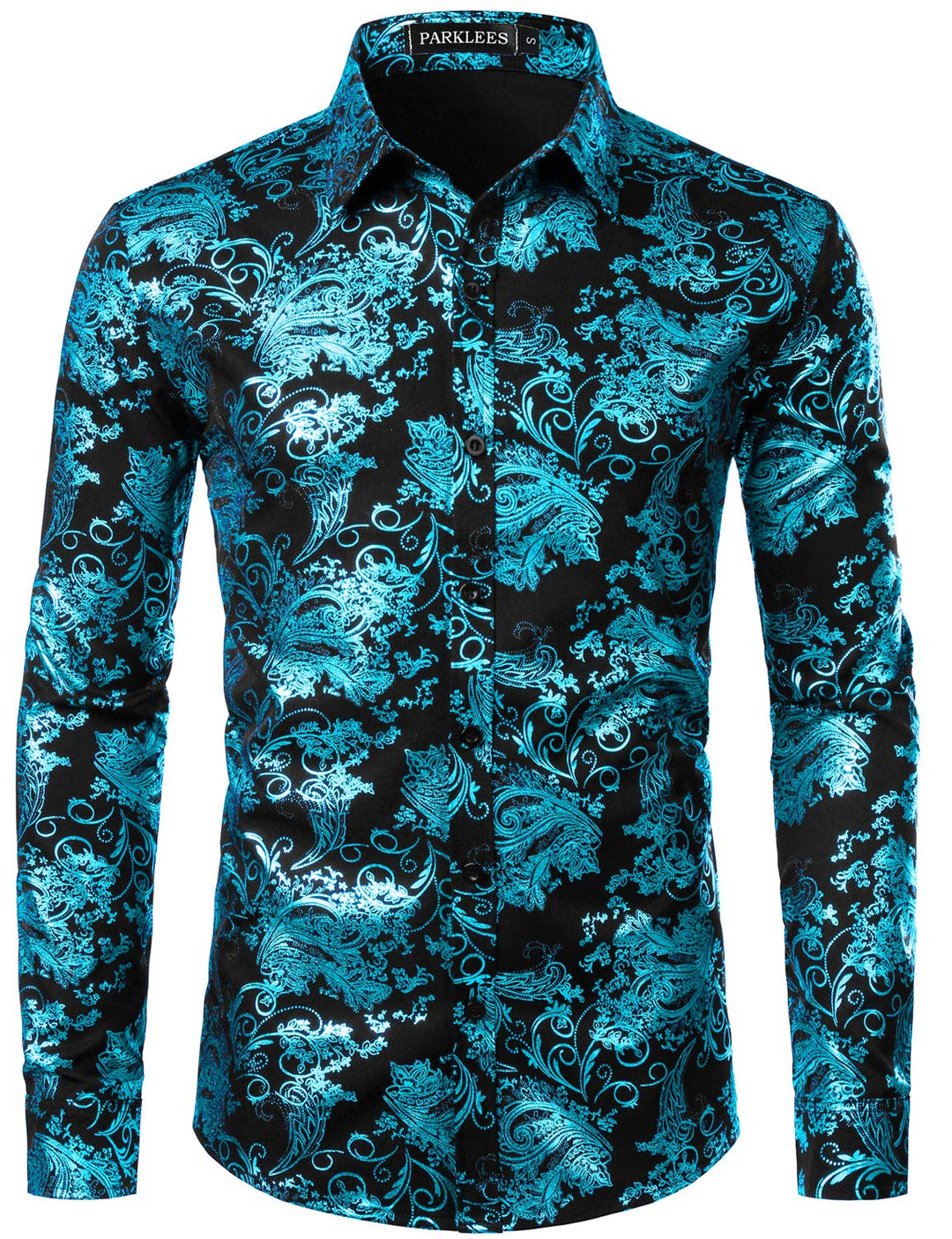 PARKLEES Herren Luxus Paisley Gemustert Golden Glänzend Slim Fit Freizeithemd M Schwarz Türkis, M Sc