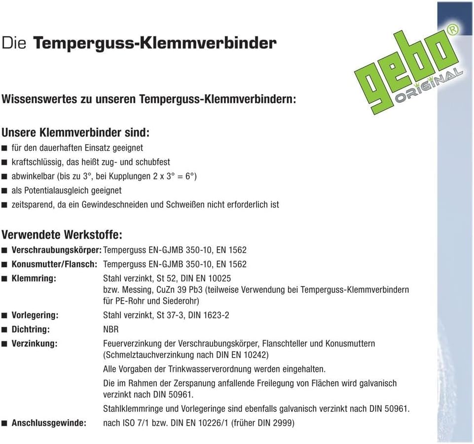 Gebo Armaturen 01.150.00.05 x Gebo Temperguss-Klemmverbinder A x48,3mm, Clear, 1 1/2 Zoll AG x 48.3