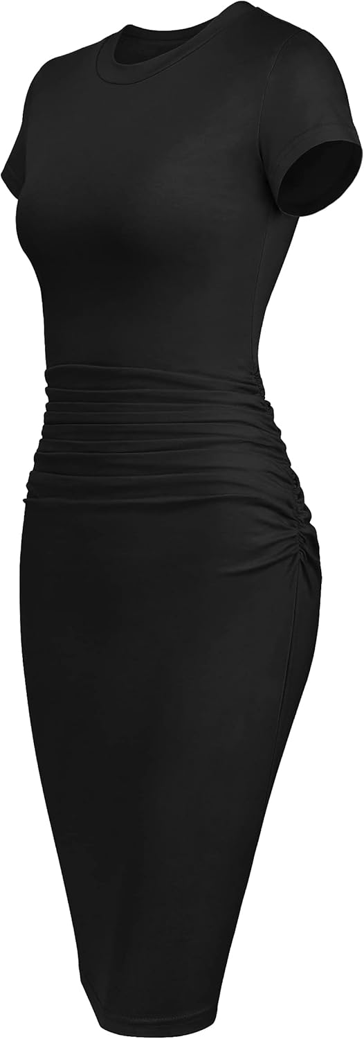 Missufeintl Damen-T-Shirt, figurbetont, gerüscht, kurzärmelig, Midi-Sommerkleid, enganliegend, Freiz