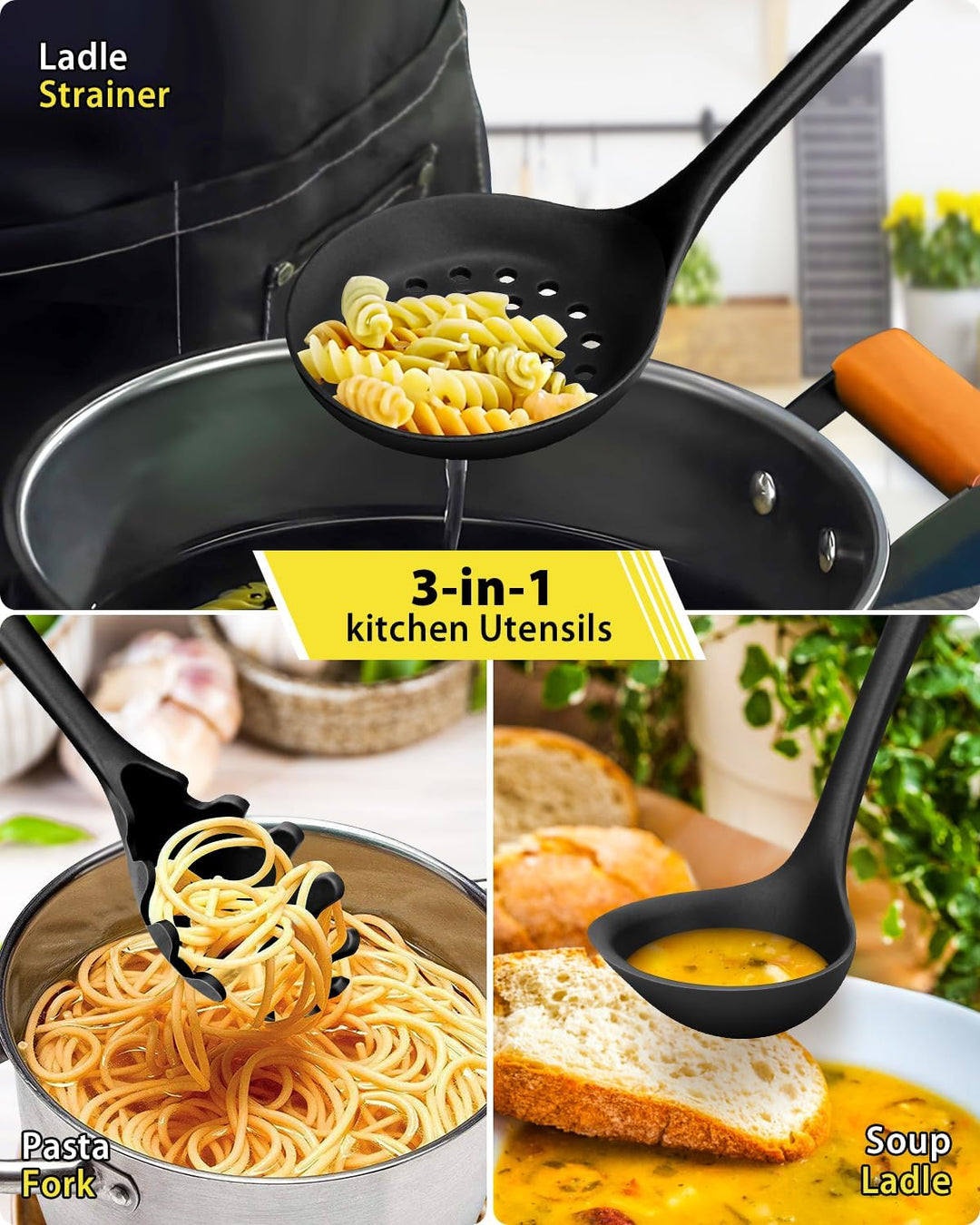 3 Stück Silikon-Küchenutensilien-Set, Suppenkelle-Nudelgabel-Schlitzlöffel, Antihaft-BPA-frei, Hochh